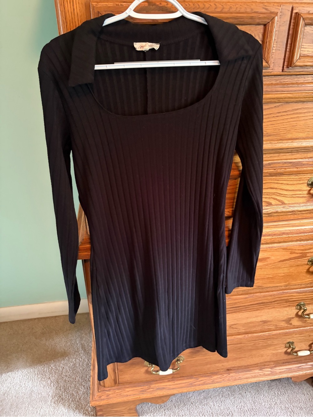 Mystree Ribbed Square-Neck Long Sleeve Top - Black